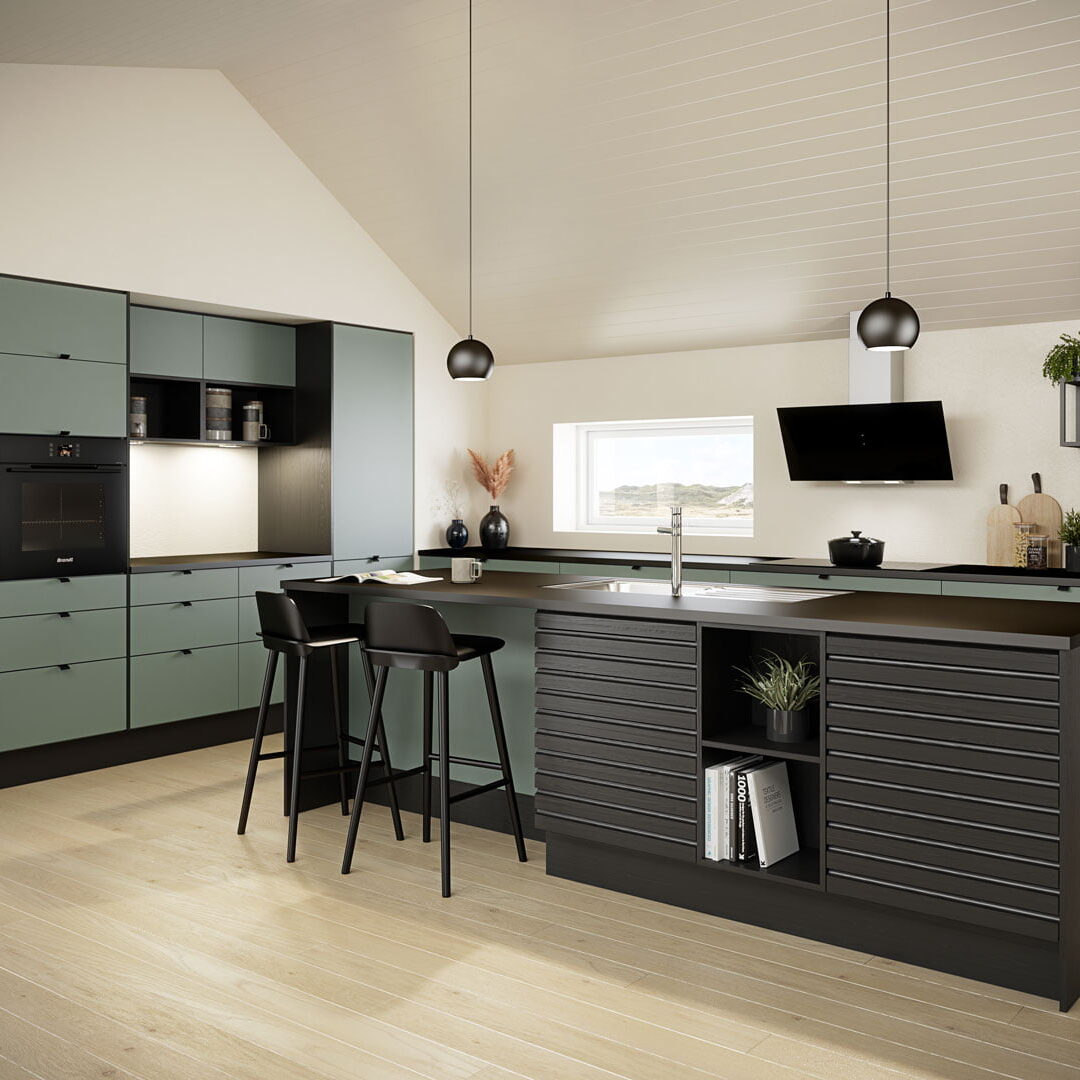 Nordsjø kjøkken i modellen Pisa Grønn. Kombinert med kjøkkenøy med sorte lameller. 
